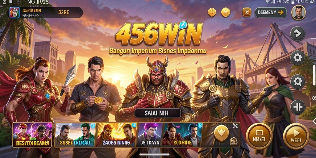 Tangkapan layar gameplay 456WIN menunjukkan aktivitas manajemen bisnis yang dinamis.