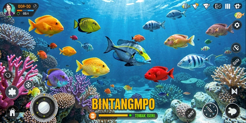 Tangkapan layar gameplay BINTANGMPO yang menampilkan aksi menembak ikan.