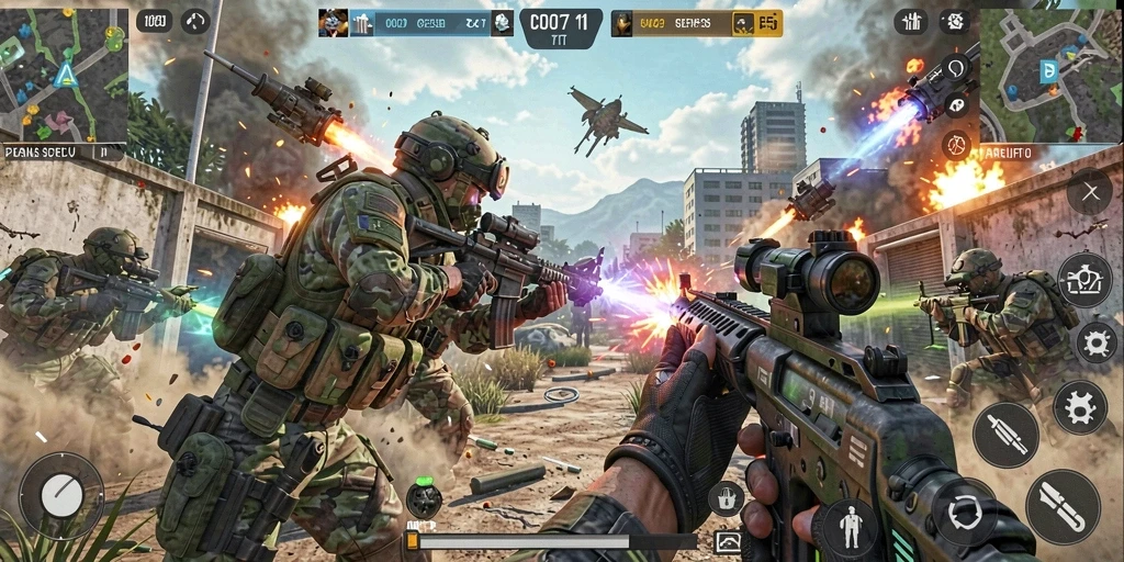 Screenshot C0077 menampilkan aksi pertarungan FPS yang intens.