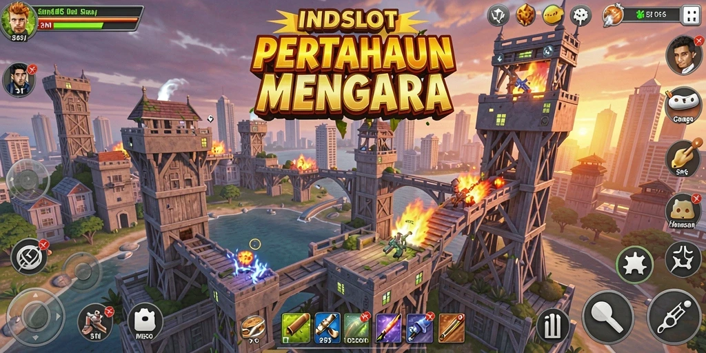 Screenshot INDSLOT menampilkan aksi menara pertahanan yang seru.