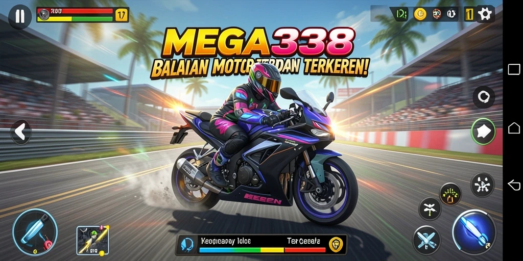 Gameplay seru MEGA338 dengan intensitas balapan tinggi.
