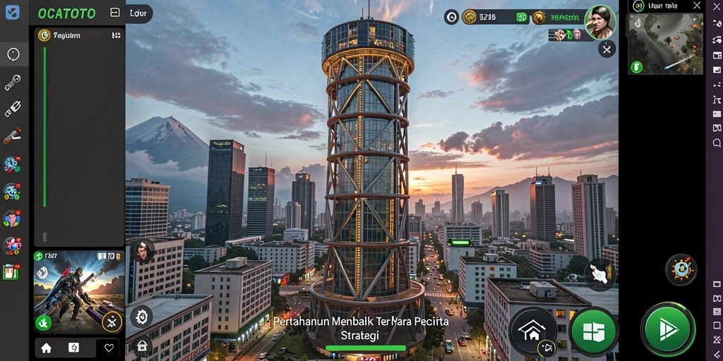 Tangkapan layar gameplay OCATOTO menampilkan menara strategis dalam pertahanan.