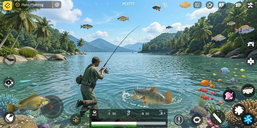 Screenshot gameplay PCX777 menampilkan pengalaman memancing yang realistis.