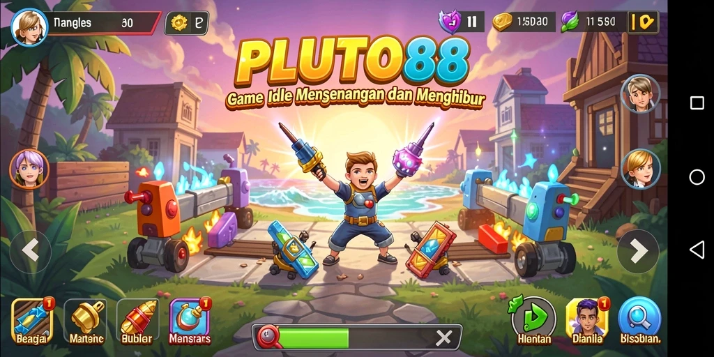 Screenshot utama gameplay <strong>PLUTO88</strong> menampilkan aktivitas pengumpulan dalam permainan Idle.