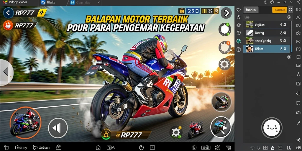 Tampilan gameplay RP777 menunjukkan aksi balap motor yang mendebarkan.
