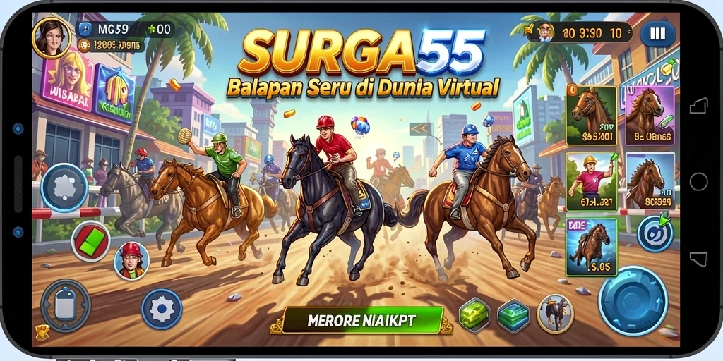 Screenshot SURGA55 menampilkan aksi balapan yang mendebarkan dan kendaraan yang cepat.