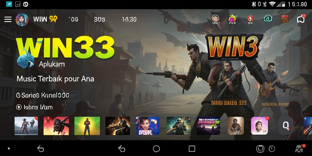 Screenshot utama WIN33 menampilkan antarmuka gameplay yang menarik dengan fitur musik interaktif.