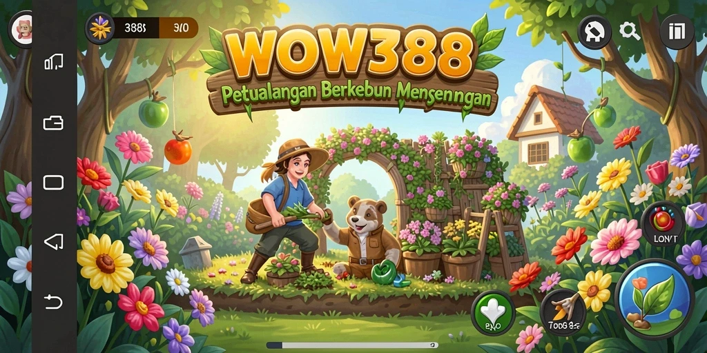 Tangkapan layar gameplay menampilkan kebun yang indah dan beragam tanaman.